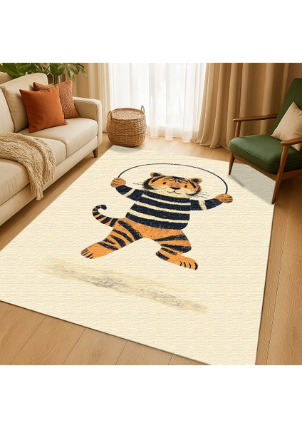Tatlı ve Eğlenceli Kaplan Figürlü Çocuk Halısı, Makinede Yıkanabilir ve Kaymaz