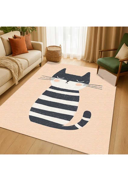 Neşeli Kedi Figürlü Çocuk Odası Halısı, Renkli, Kaymaz ve Yumuşak