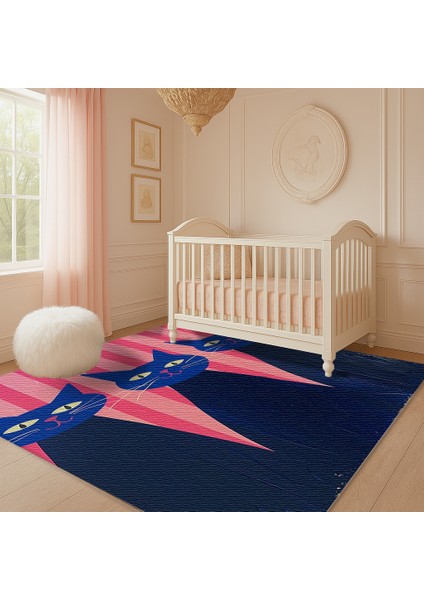 Pembe Çizgili Zeminli Kedi Figürlü Çocuk Odası Halısı, Kaymaz ve Eğlenceli