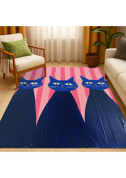 Pembe Çizgili Zeminli Kedi Figürlü Çocuk Odası Halısı, Kaymaz ve Eğlenceli fiyatları