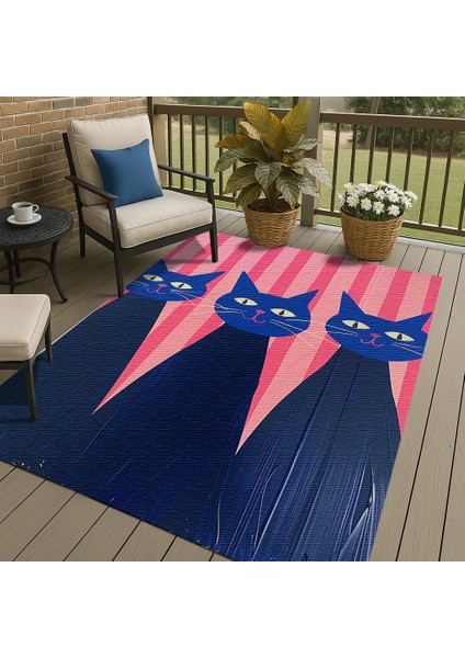 Pembe Çizgili Zeminli Kedi Figürlü Çocuk Odası Halısı, Kaymaz ve Eğlenceli fırsatları