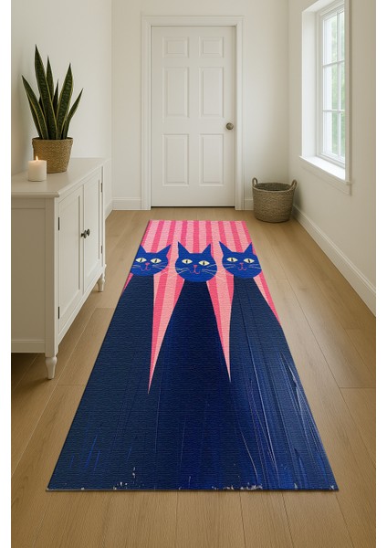 Pembe Çizgili Zeminli Kedi Figürlü Çocuk Odası Halısı, Kaymaz ve Eğlenceli indirimleri