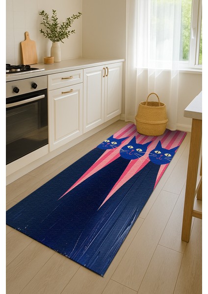 Pembe Çizgili Zeminli Kedi Figürlü Çocuk Odası Halısı, Kaymaz ve Eğlenceli