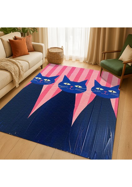 Pembe Çizgili Zeminli Kedi Figürlü Çocuk Odası Halısı, Kaymaz ve Eğlenceli