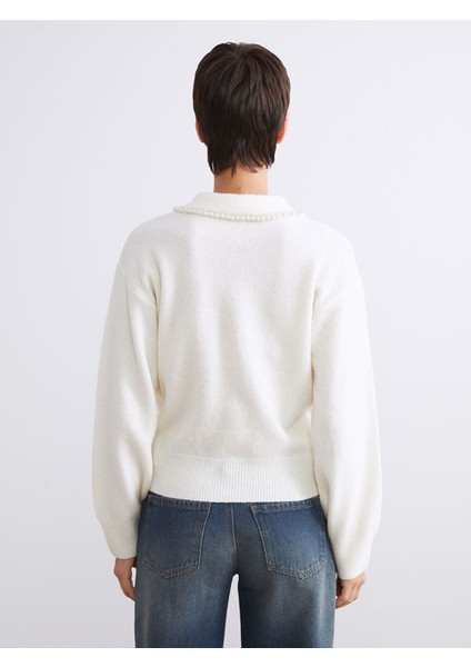 Yeni Sezon Polo Yaka Boncuk Işlemeli Kadın Triko Kazak fırsatları