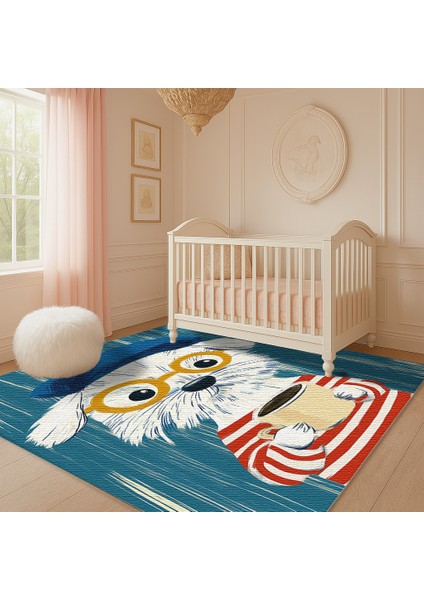 Sevimli ve Renkli Köpek Desenli Çocuk Halısı, Mavi Zemin, Kaymaz Tabanlı Eğlenceli Tasarım