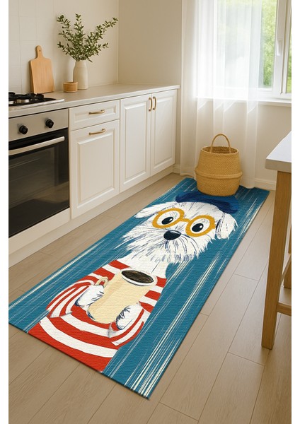 Sevimli ve Renkli Köpek Desenli Çocuk Halısı, Mavi Zemin, Kaymaz Tabanlı Eğlenceli Tasarım