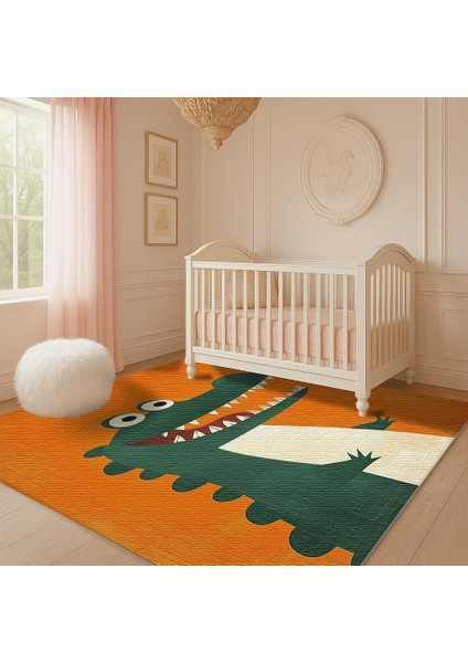 Turuncu Zeminli Neşeli Hayvan Figürlü Çocuk Odası Halısı, Makinede Yıkanabilir, Kaymaz Tabanlı