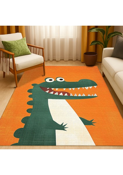 Turuncu Zeminli Neşeli Hayvan Figürlü Çocuk Odası Halısı, Makinede Yıkanabilir, Kaymaz Tabanlı fiyatları