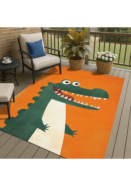 Turuncu Zeminli Neşeli Hayvan Figürlü Çocuk Odası Halısı, Makinede Yıkanabilir, Kaymaz Tabanlı fırsatları