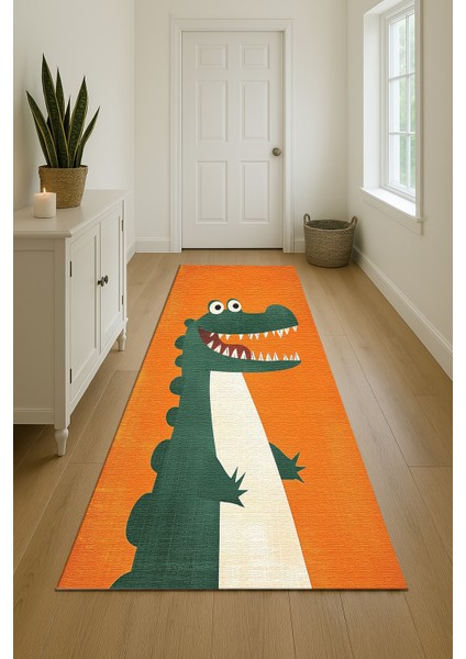 Turuncu Zeminli Neşeli Hayvan Figürlü Çocuk Odası Halısı, Makinede Yıkanabilir, Kaymaz Tabanlı indirimleri