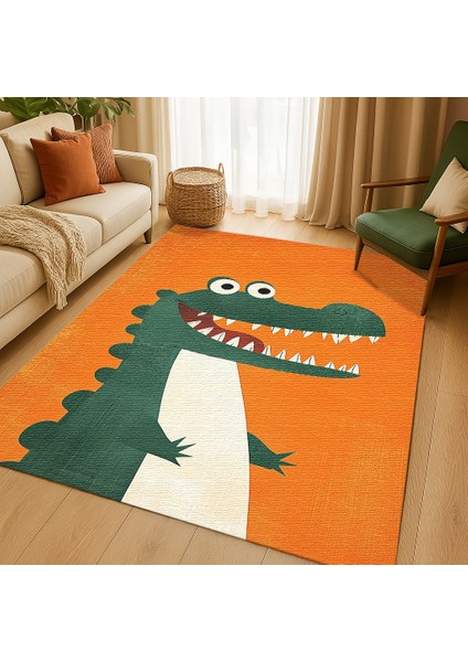 Turuncu Zeminli Neşeli Hayvan Figürlü Çocuk Odası Halısı, Makinede Yıkanabilir, Kaymaz Tabanlı