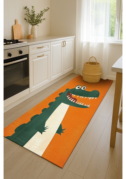 Turuncu Zeminli Neşeli Hayvan Figürlü Çocuk Odası Halısı, Makinede Yıkanabilir, Kaymaz Tabanlı
