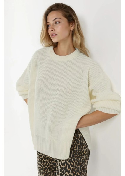 Kadın Dokulu Bisiklet Yaka Triko Kazak Fildişi Doğal