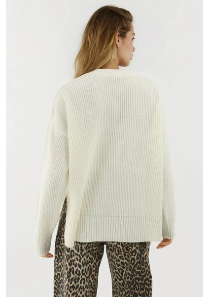 Kadın Dokulu Bisiklet Yaka Triko Kazak Fildişi Doğal modelleri