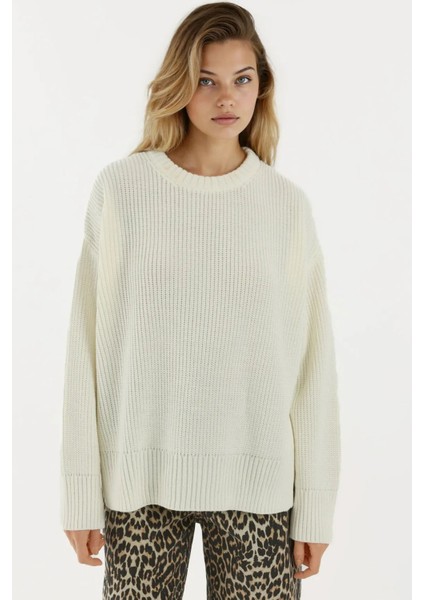 Kadın Dokulu Bisiklet Yaka Triko Kazak Fildişi Doğal indirimleri