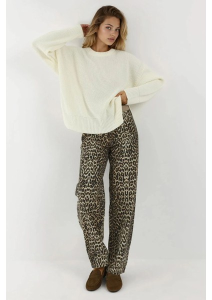 Kadın Dokulu Bisiklet Yaka Triko Kazak Fildişi Doğal