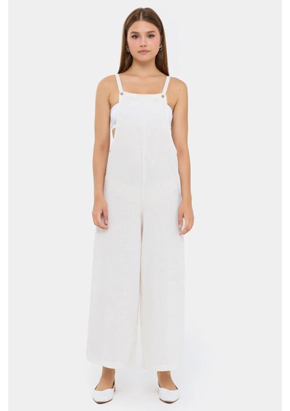 Kadın Düğmeli Ön Geniş Paça Tulum White