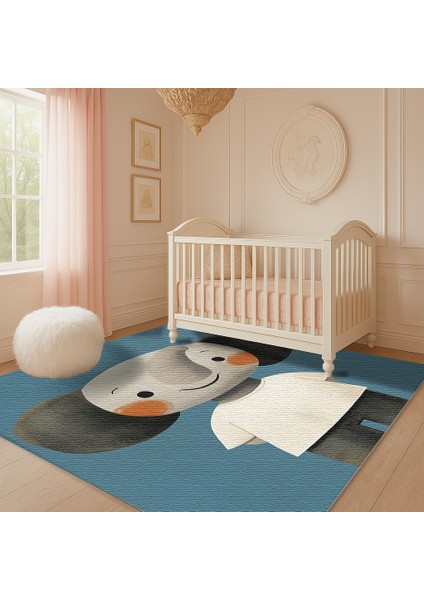 Eğlenceli Mavi Zeminli Fil Desenli Çocuk Halısı, Makinede Yıkanabilir ve Dayanıklı