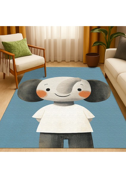 Eğlenceli Mavi Zeminli Fil Desenli Çocuk Halısı, Makinede Yıkanabilir ve Dayanıklı fiyatları