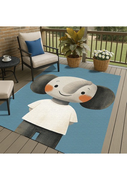 Eğlenceli Mavi Zeminli Fil Desenli Çocuk Halısı, Makinede Yıkanabilir ve Dayanıklı fırsatları