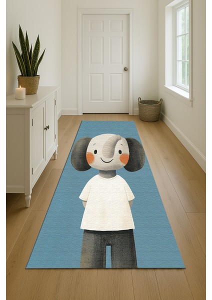 Eğlenceli Mavi Zeminli Fil Desenli Çocuk Halısı, Makinede Yıkanabilir ve Dayanıklı indirimleri