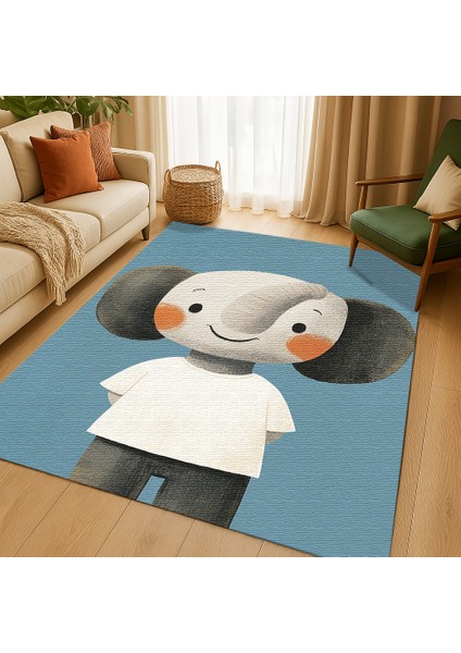Eğlenceli Mavi Zeminli Fil Desenli Çocuk Halısı, Makinede Yıkanabilir ve Dayanıklı