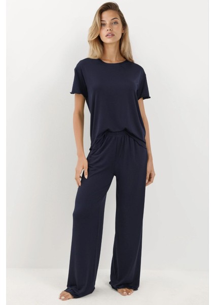 Kadın Yumuşak Dokulu Rahat kesim Pamuklu Pijama Takımı Blue
