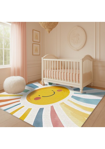 Neşeli Güneş Motifli Çok Renkli Çocuk Halısı, Oyun Odası İçin Kaymaz ve Yumuşak