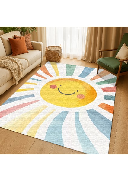 Neşeli Güneş Motifli Çok Renkli Çocuk Halısı, Oyun Odası İçin Kaymaz ve Yumuşak