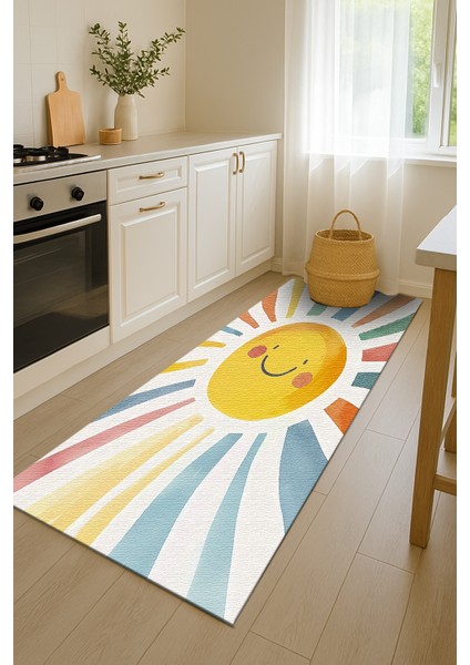 Neşeli Güneş Motifli Çok Renkli Çocuk Halısı, Oyun Odası İçin Kaymaz ve Yumuşak