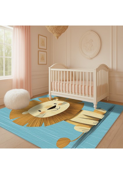 Eğlenceli Aslan Figürlü Mavi Zeminli Çocuk Halısı, Yumuşak Dokulu