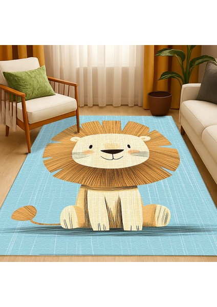 Eğlenceli Aslan Figürlü Mavi Zeminli Çocuk Halısı, Yumuşak Dokulu fiyatları