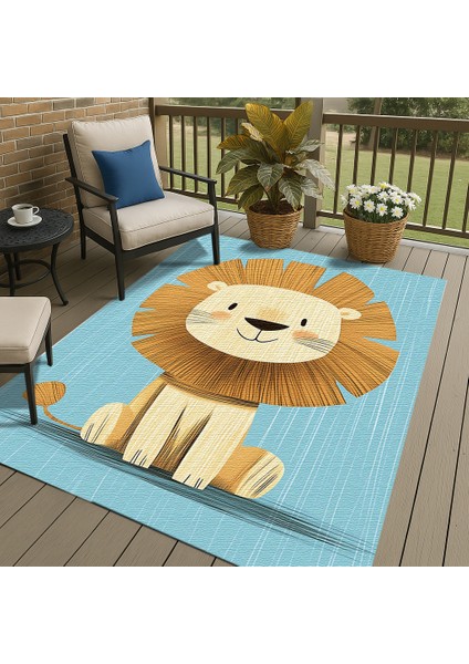 Eğlenceli Aslan Figürlü Mavi Zeminli Çocuk Halısı, Yumuşak Dokulu fırsatları