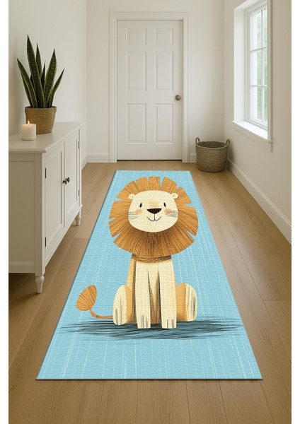 Eğlenceli Aslan Figürlü Mavi Zeminli Çocuk Halısı, Yumuşak Dokulu indirimleri