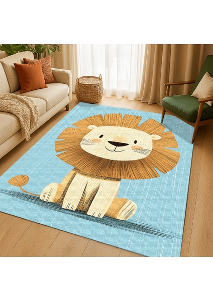 Eğlenceli Aslan Figürlü Mavi Zeminli Çocuk Halısı, Yumuşak Dokulu