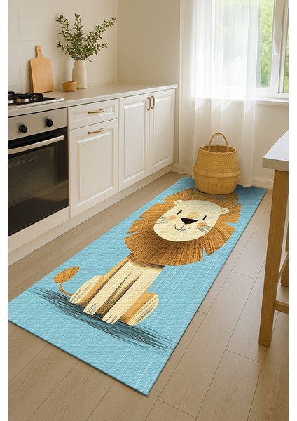Eğlenceli Aslan Figürlü Mavi Zeminli Çocuk Halısı, Yumuşak Dokulu