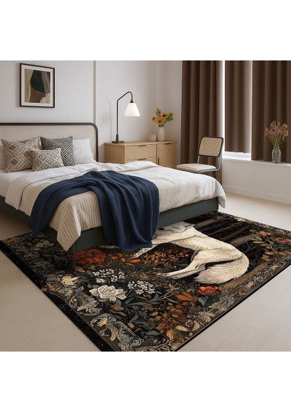 Şık Hayvan Figürlü Lacivert Zemin Salon Halısı, Kaymaz Tabanlı ve Estetik Tasarım