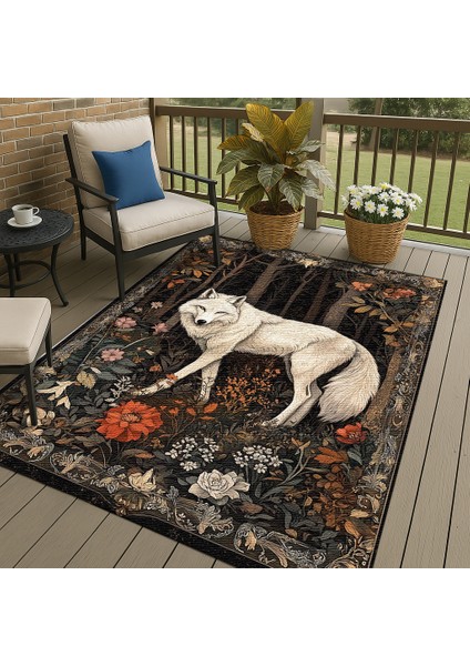 Şık Hayvan Figürlü Lacivert Zemin Salon Halısı, Kaymaz Tabanlı ve Estetik Tasarım fırsatları