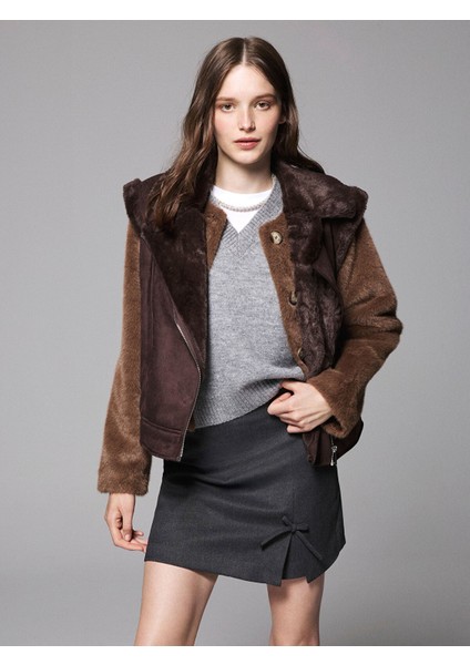 Yeni Sezon Kürklü Biker Yaka Süet Kadın Yelek
