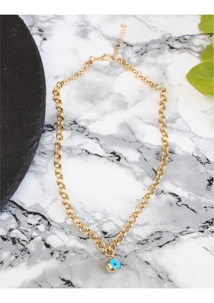 Altın Kaplama Kalın Zincir Cam Nazar Gözü Kolye