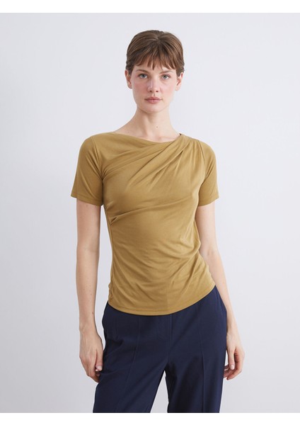 Yeni Sezon Bisiklet Yaka Büzgülü Modal Karışımlı Bluz