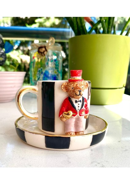El Yapımı Seramik Gerçek 24K Altın Dekorlu Damat Teddy Türk Kahvesi Fincanı