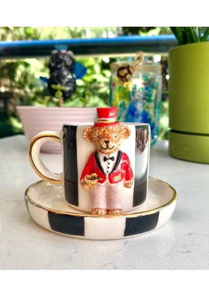 El Yapımı Seramik Gerçek 24K Altın Dekorlu Damat Teddy Türk Kahvesi Fincanı modelleri