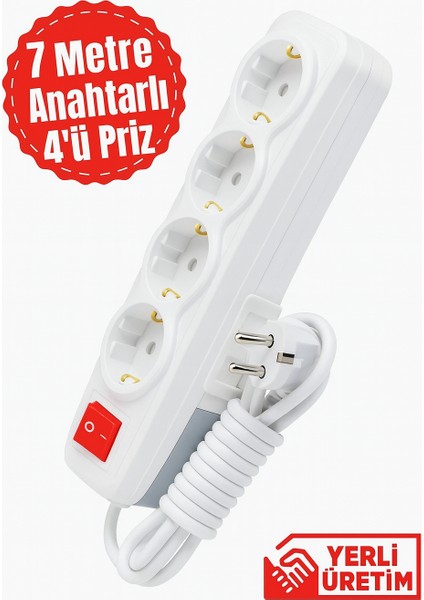 7 Metre 4'lü Anahtarlı Kablolu Topraklı Grup Priz fırsatları