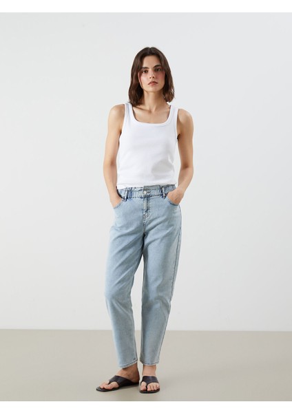 Yeni Sezon Beli Lastikli Slim Mom Kadın Jean Pantolon