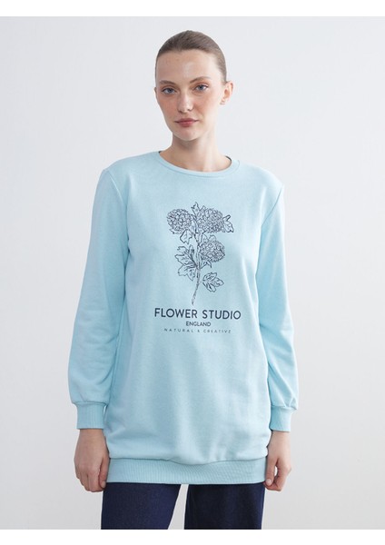 Yeni Sezon Bisiklet Yaka Çiçekli Kadın Sweatshirt Tunik