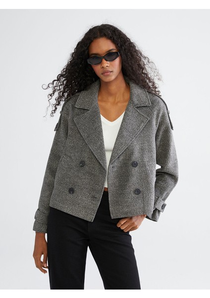 Yeni Sezon Kruvaze Yaka Desenli Kadın Kaşe Ceket