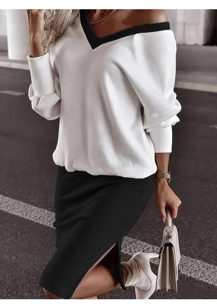 Kadın Uzun Kollu V Yakalı Viskon Iki Iplik Bluz ve Mini Etek Ikili Takım modelleri