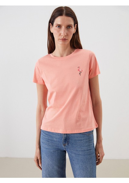 Yeni Sezon Bisiklet Yaka Flamingo Nakışlı Kadın Tişört